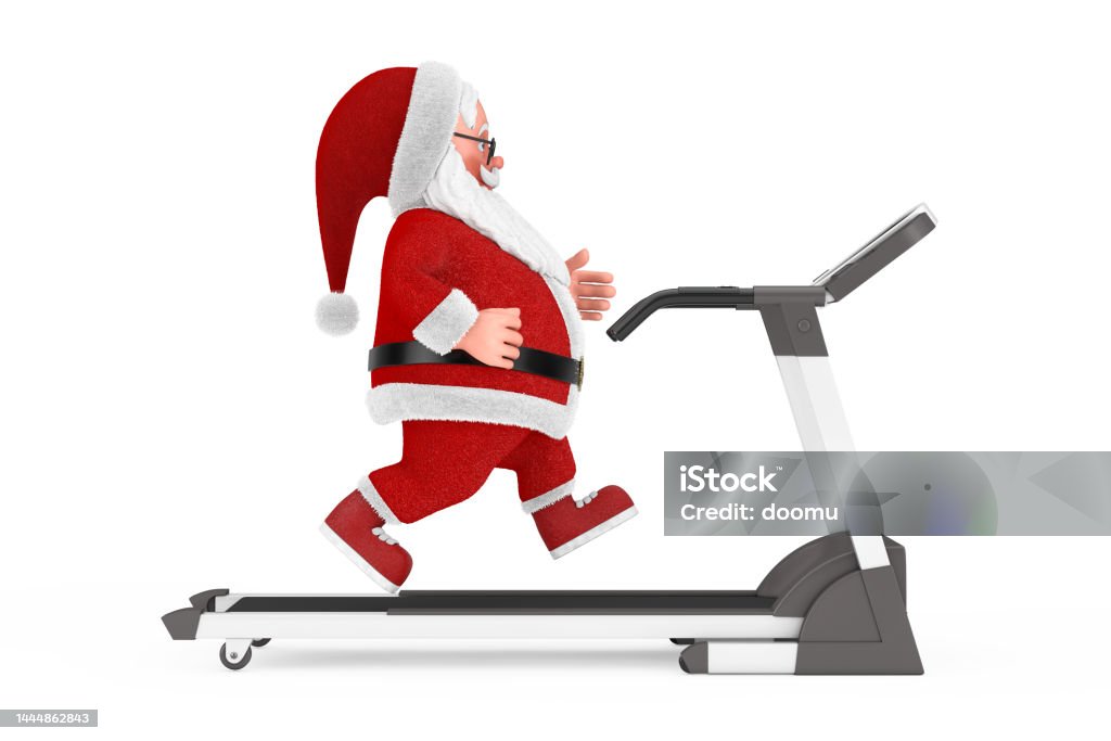 Cartoon Cheerful Santa Claus Granpa Running on a Treadmill. 3d Rendering Cartoon Cheerful Santa Claus Granpa Running on a Treadmill on a white background. 3d Rendering Activity Stock Photo