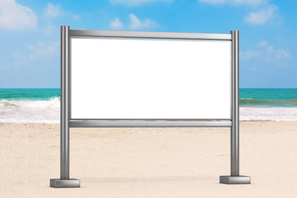 istock Blank Trade Show LCD Screen Stand Display Billboard as Template for Your Design on the Ocean or Sea Sand Beach. 3d Rendering 1444862859