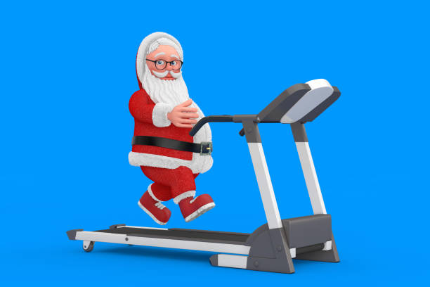 istock Cartoon Cheerful Santa Claus Granpa Running on a Treadmill. 3d Rendering 1444863064