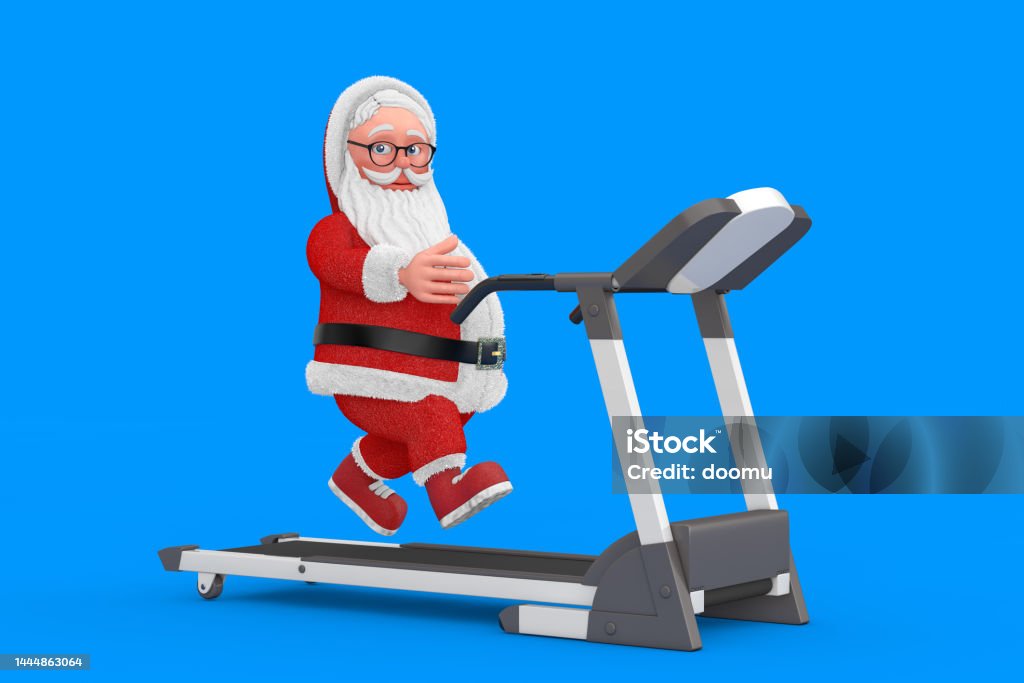 Cartoon Cheerful Santa Claus Granpa Running on a Treadmill. 3d Rendering Cartoon Cheerful Santa Claus Granpa Running on a Treadmill on a blue background. 3d Rendering Activity Stock Photo