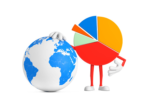 Info Graphics Business Pie Chart Character Person with Earth Globe on a white background. 3d Rendering