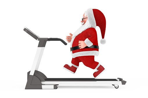 Cartoon Cheerful Santa Claus Granpa Running on a Treadmill on a white background. 3d Rendering