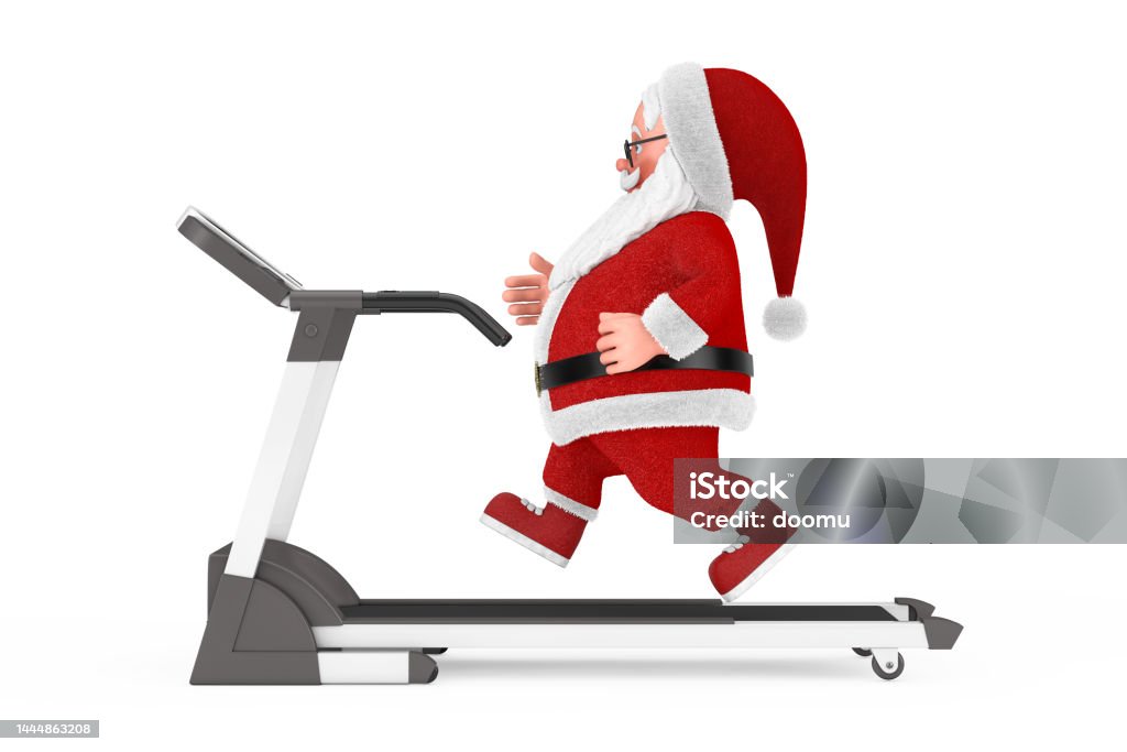 Cartoon Cheerful Santa Claus Granpa Running on a Treadmill. 3d Rendering Cartoon Cheerful Santa Claus Granpa Running on a Treadmill on a white background. 3d Rendering Exercising Stock Photo