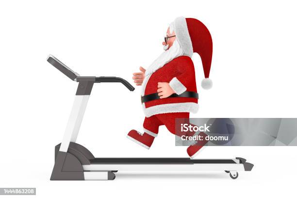 Cartoon Cheerful Santa Claus Granpa Running On A Treadmill 3d Rendering Stock Photo - Download Image Now