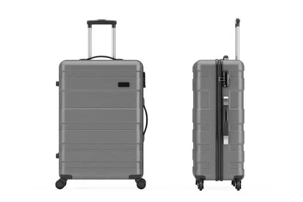 Travel Holiday Vacation Concept. Big Modern Luxury Plastic Gray Suitcase on a white background. 3d Rendering