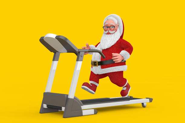 istock Cartoon Cheerful Santa Claus Granpa Running on a Treadmill. 3d Rendering 1444863312