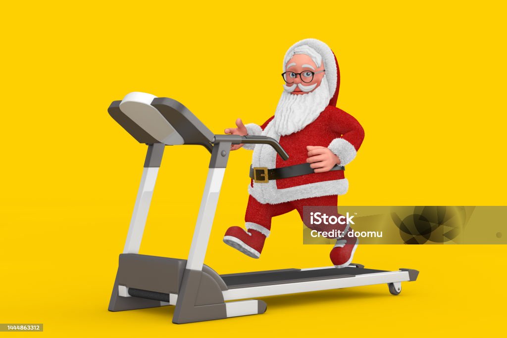 Cartoon Cheerful Santa Claus Granpa Running on a Treadmill. 3d Rendering Cartoon Cheerful Santa Claus Granpa Running on a Treadmill on a yellow background. 3d Rendering Activity Stock Photo