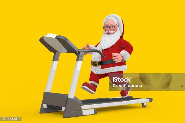 Cartoon Cheerful Santa Claus Granpa Running On A Treadmill 3d Rendering Stock Photo - Download Image Now