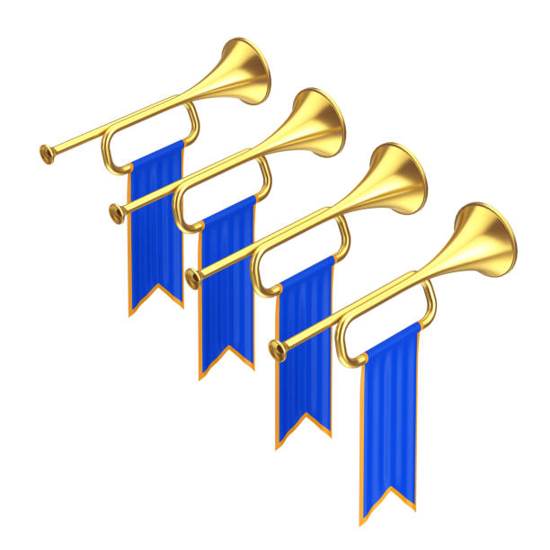 istock Golden Fanfare Trumpets with Blue Flags. 3d Rendering 1444863343