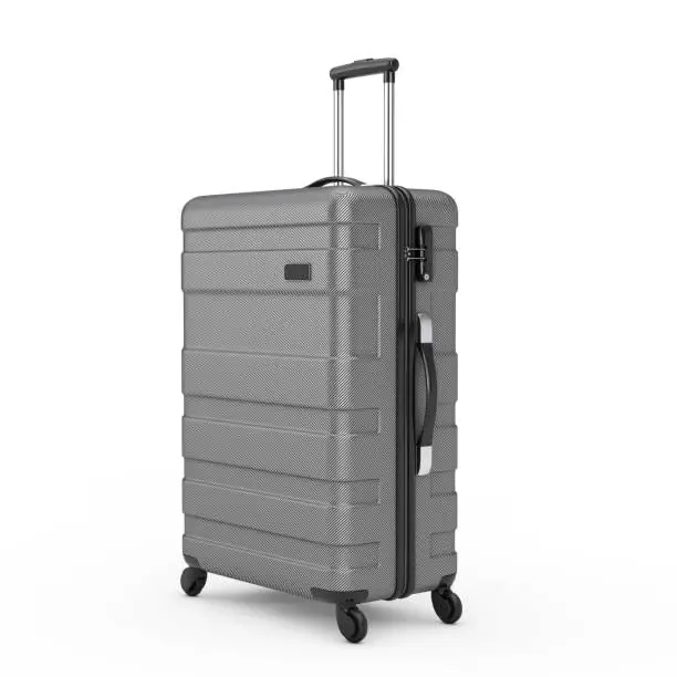 Travel Holiday Vacation Concept. Big Modern Luxury Plastic Gray Suitcase on a white background. 3d Rendering