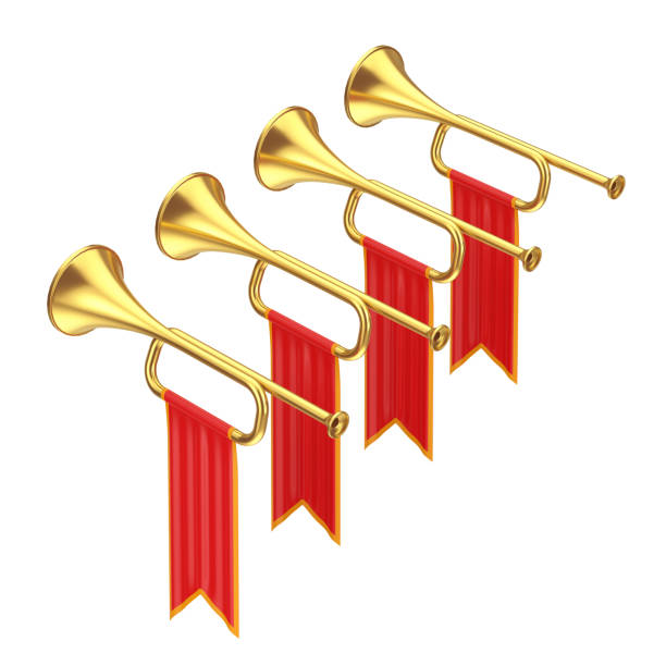 istock Golden Fanfare Trumpets with Red Flags. 3d Rendering 1444863438