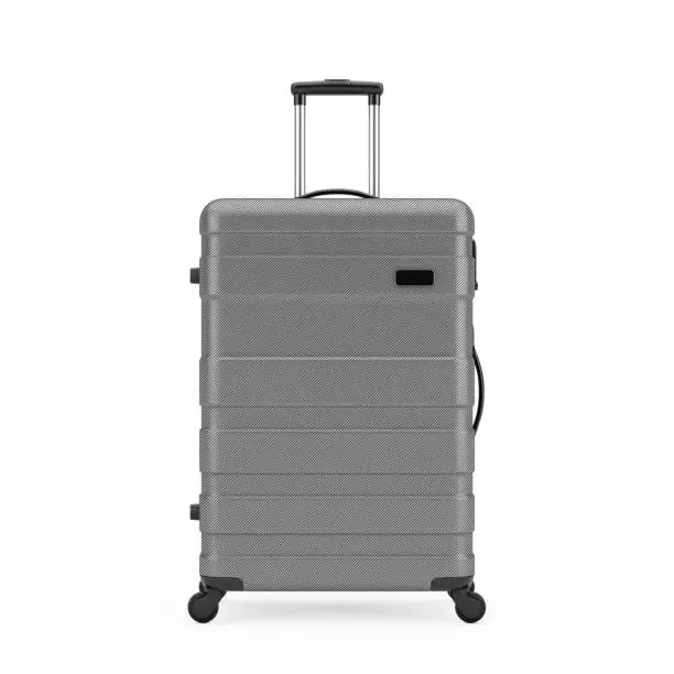 Travel Holiday Vacation Concept. Big Modern Luxury Plastic Gray Suitcase on a white background. 3d Rendering