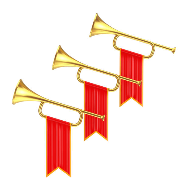 istock Golden Fanfare Trumpets with Red Flags. 3d Rendering 1444863514