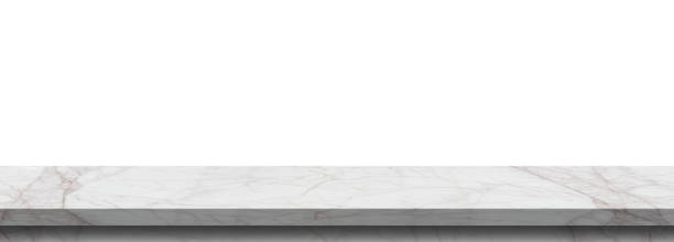 White marble table top, stone display stand, mockup of empty shelf, kitchen countertop isolated on white background, For montage product display or design key visual layout.with clipping path