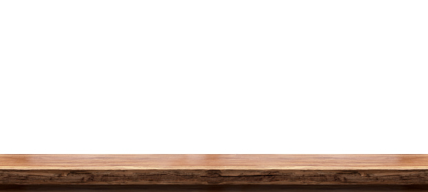 Mesa de madera aislada sobre fondo blanco Mesa de madera rústica vacía, para montar la exhibición del producto o diseñar el diseño visual clave. con trazado de recorte photo