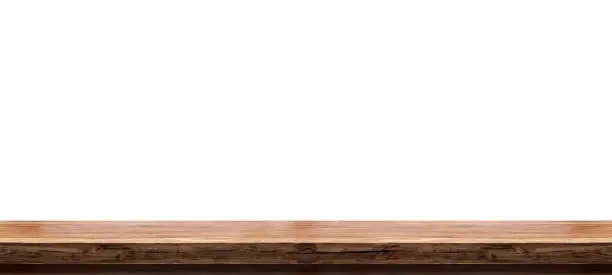 Wooden tabletop isolated on white background Empty rustic wood table, for montage product display or design key visual layout. with clipping path