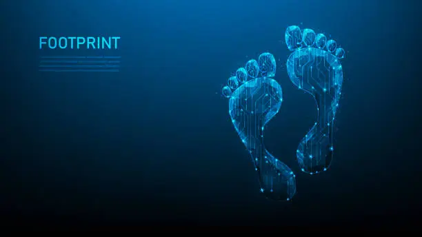 Vector illustration of footprint digital technology on blue drak background. biometric identity protection. investigations and traces track chip foot. foot low poly wireframe. vector illustration fantastic hi tech.