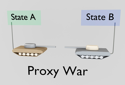 3D illustration of two battle tanks with the script Proxy War, resembling armed conflict between two states.