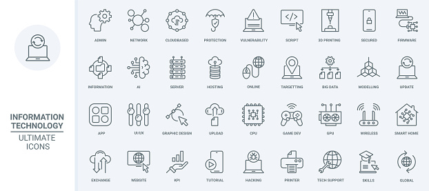 Data technology, information thin line icons set vector illustration. Outline digital protection and online network, 3d printing and modeling, smart home and interface symbols for mobile apps
