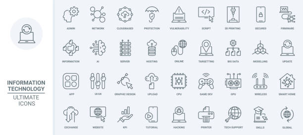Data technology, information thin line icons set, digital protection and network Data technology, information thin line icons set vector illustration. Outline digital protection and online network, 3d printing and modeling, smart home and interface symbols for mobile apps artificial intelligence icon stock illustrations