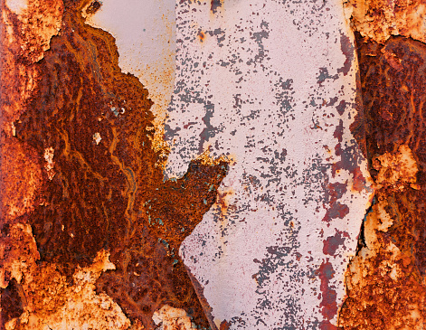 Empty rusty corrosion and oxidized background, horizontal banner. Grunge rusted metal texture. Worn metallic iron wall