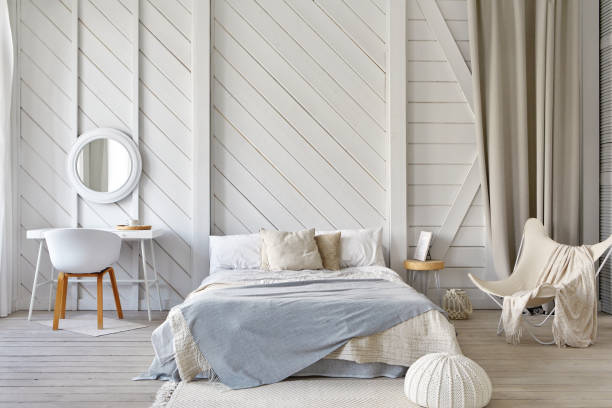 istock Modern bedroom with dressing table beige striped wall 1444890033
