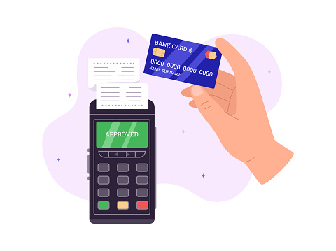 Payment with NFC credit card on POS bank terminal, flat cartoon flat vector illustration isolated on white background. Banner illustrating wireless NFC payment.