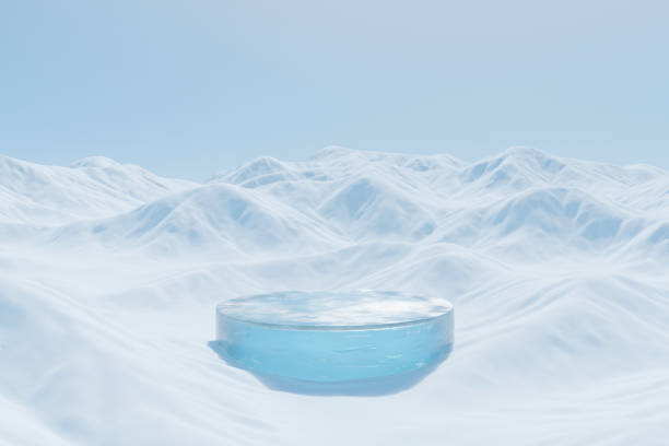 piattaforma di rendering 3d e sfondo del podio di ghiaccio sulla montagna di neve ghiacciata con pavimento coperto di neve per l'esposizione dello stand del prodotto che pubblicizza prodotti di bellezza cosmetici o cura della pelle con palco rotondo vuoto - romantic scene foto e immagini stock