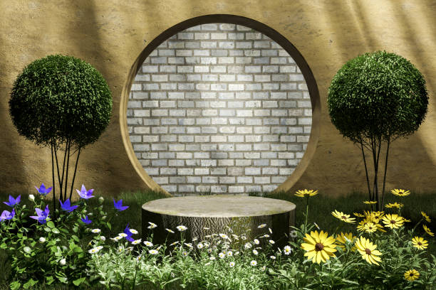 istock Abstact 3d render Natural podium background, Log tree podium on flowers and grass field backdrop cement and brick arch entrance with light for product display advertising or etc 1444898998