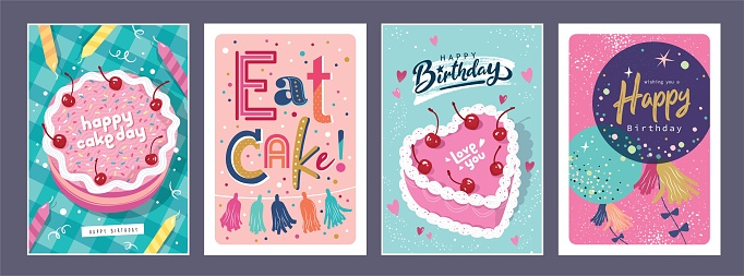 birthday cards design with cakes, balloons and party decorations.