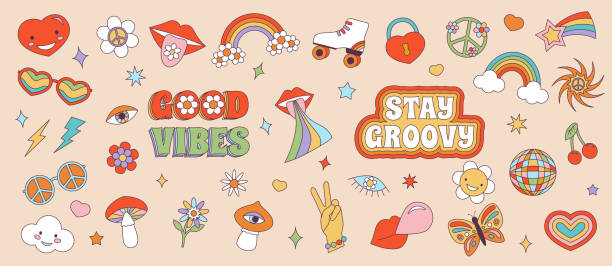 Retro 70s Groovy Hippie sticker set. Psychedelic cartoon elements -funky daisy flower, mushroom, eye, rainbow, peace, love, heart, cherrie, disco ball, roller in vintage hippy style. Vector set illustration. Retro 70s Groovy Hippie sticker set. Psychedelic cartoon elements -funky daisy flower, mushroom, eye, rainbow, peace, love, heart, cherrie, disco ball, roller in vintage hippy style. Vector set illustration kid stickers stock illustrations
