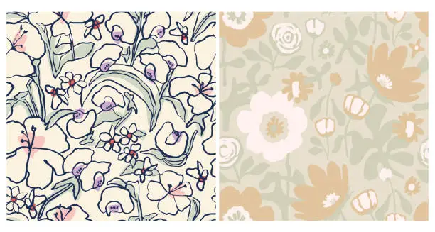 Vector illustration of Vector hand drawing flower illustration seamless repeat pattern 2 designs set