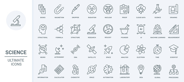 Science technology thin line icons set vector illustration. Outline biology and chemistry laboratory research, AI and machine learning, astronomy and space, data structure analysis of scientist