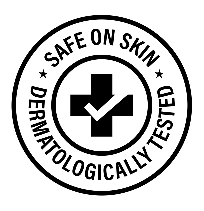 safe on skin, dermatologically tested  vector icon with cross and tick mark