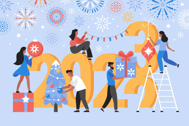 2023년 새해 휴일 축하 개념.  크리스마스와 새해 파티를 위해 장식하는 사람들의 현대 벡터 삽화 - 새해 일러스트 stock illustrations