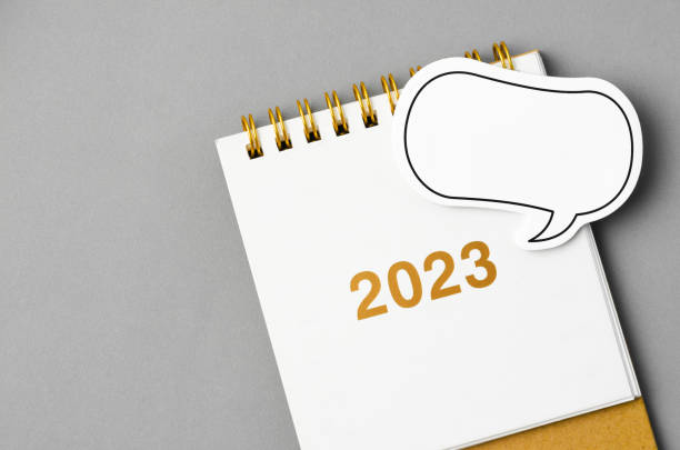 istock The 2023 desk calendar with speech bubble on grey colour background 1444905974