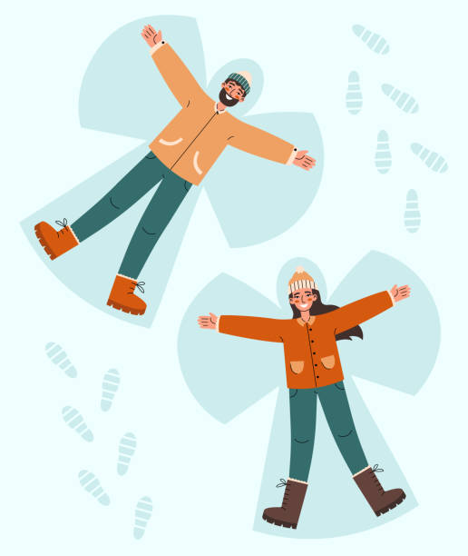 Young couple lying in snow on back and moving arms and legs. Smiling man and woman making snow angels. Young couple lying in snow on back and moving arms and legs. Smiling man and woman making snow angels. Winter entertainments concept. making snow angels stock illustrations