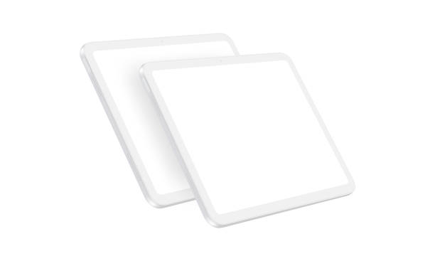 빈 화면이 있는 두 개의 점토 태블릿 모형, 투시 측면 보기 - ipad 2 stock illustrations