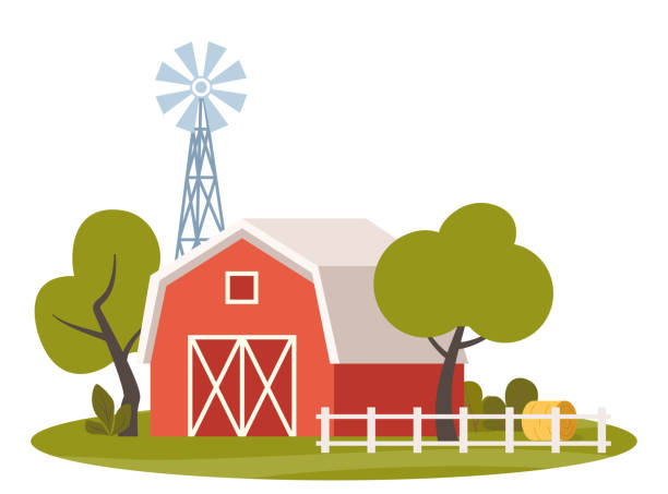 Farm scene with red barn and windmill, tree, fence, haystack. Rural landscape. Agriculture and farming concept. Cute vector illustration. Farm scene with red barn and windmill, tree, fence, haystack. Rural landscape. Agriculture and farming concept. Cute vector illustration red barn house stock illustrations