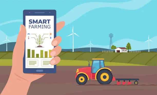 Vector illustration of Smart farming, futuristic technologies in farm industry. Smartphone with app for control plants growing, agricultural automation. Tractor plowing the field. Vector illustration.