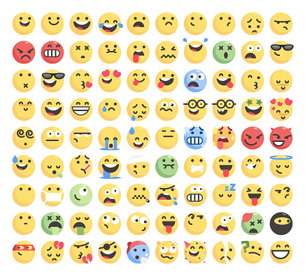 Vector illustration of a big collection of cute and colorful emoticons for social media platforms, online messaging and mobile apps, technology and business ideas and concepts, user interface projects and design projects in general.