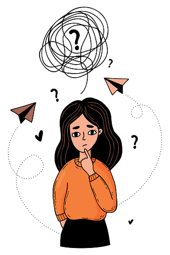 Portrait thoughtful confused girl, confused thoughts and tangled tangle with question mark, problem solving. Vector illustration. Color doodle. Psychological concept finding solutions and sad woman