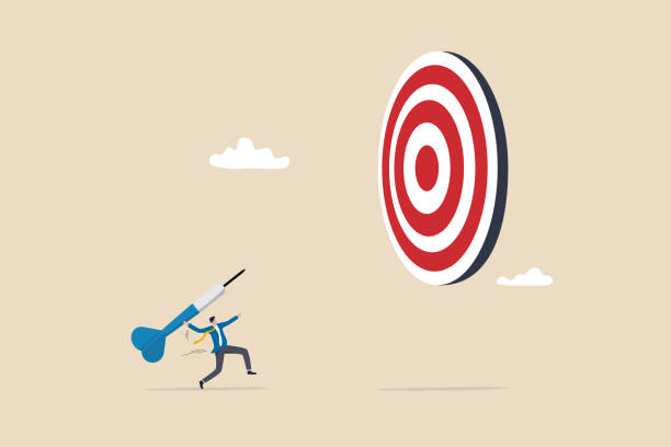 istock Aiming for big goal, challenge to achieve target, success or accuracy, ambition or determination to reach business target concept, businessman throwing huge dart, aiming to hit dartboard bullseye. 1444911397
