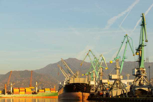 istock cargo containers and cranes for loading onto ships in the seaport, logistics and delivery 1444914359