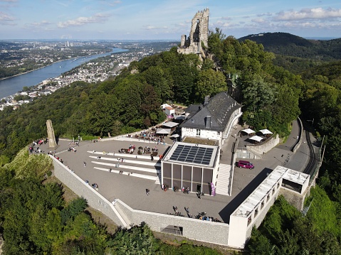 Königswinter, Germany - 19 September 2021: Drone view at Drachenfels view point over Königswinter in Germany