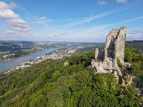 Königswinter, Germany - 19 September 2021: Drone view at Drachenfels ruin over Königswinter on Germany