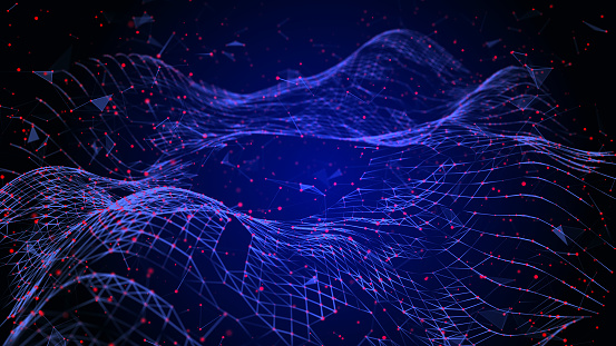 Big data stream. Information technology background. The dynamic wave background consisting of lines and points. 3d rendering