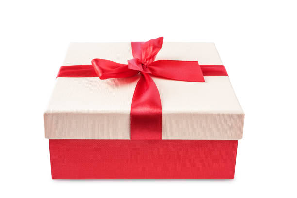 istock Red square gift box with a bow on a white isolated background 1444916798
