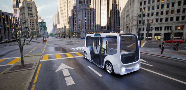 istock Autonomous electric bus self driving on street, Smart vehicle technology concept, 3d render 1444917153