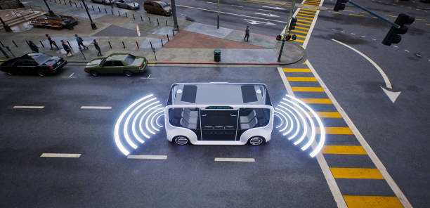 autobús eléctrico autónomo autónomo autónomo en la calle, concepto de tecnología de vehículo inteligente, renderizado 3d - transporte sin conductor fotografías e imágenes de stock